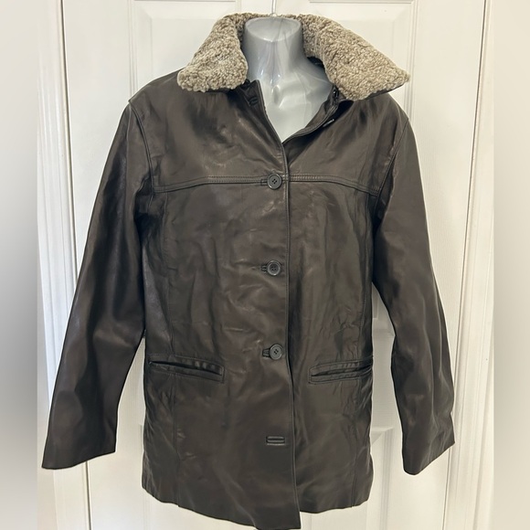 Genuine Brown Leather, Oversized Coat with Removable Sherpa Collar - Picture 2 of 11